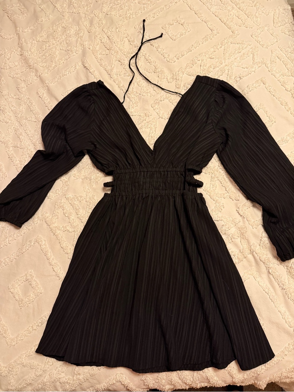 Blush Black V-Neck Long Sleeve Pleated Mini Dress with side cutouts